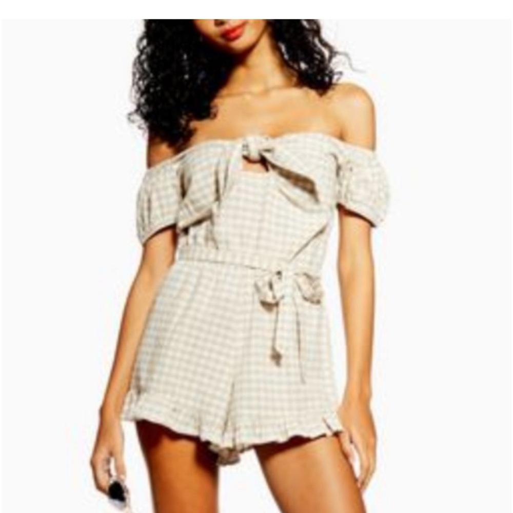 Topshop gingham off shoulder Bardot playsuit /romper